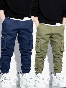 2 Stücke Modische minimalistische Cargo-Hosen mit Mehrfachtaschen für Kleine Jungen, vielseitiges sportliches Design (Tatsächliche Größe fällt klein aus, empfehlen Sie eine Nummer größer zu bestellen basierend auf dem Bild) - Verschiedenfarbig - Übersicht 1