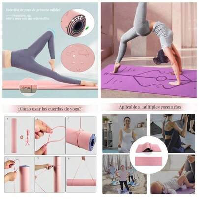 Tapete de Yoga y Pilates Fitness, 6mm Tapete Antideslizante Yoga con Correa Transportadora y lneas de Gua, 183*61CM Esterilla Antiderrapante de Alta Calidad de TPE para Hogar, Gimnasio, Aire Libre