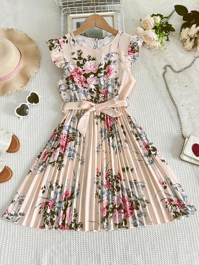 Girls' Vintage Elegant Lotus Sleeve Midi Dress + Belt, Graceful Pleated Princess Dress, Suitable As A Gift