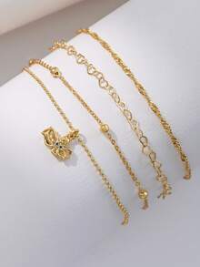 4pcs/Set Women Anklet Set, Bohemian Summer Beach Vacation Stacking Style, Copper Inlaid Zirconia Octopus Pendant, Gold Plated Beaded Chain, Hollow Heart Chain, Water Wave Chain, Round Bead Chain, Ocean Series Multi-Layer Anklet Set, Layered Anklet Accessories Gift - Yellow Gold - View 4