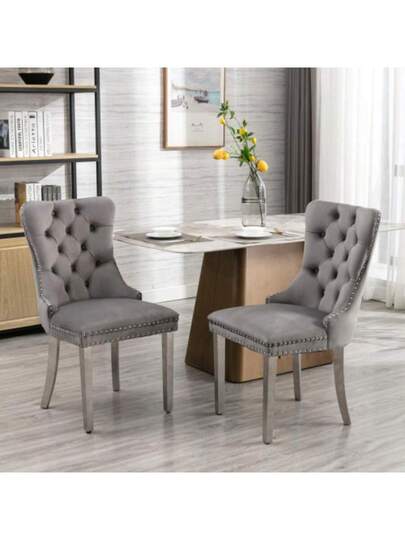 Furniture, Nikki Collection Moderne High End Dining Chairs In Soft, Contemporary Solid Wood Upholstery Fluwelen Padding Chrome Plated Stainless Steel Sheet Legs, Studded Head ation, Double Set, Grijs De1701gy