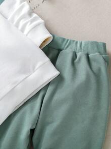 Conjunto de moletom de manga comprida com gola redonda e estampa de letras para menino, ideal para outono/inverno. - Verde - Ver 3