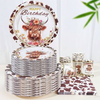 80-Piece Highland Cow Themed Birthday Party Set | Cute Farm Animal Disposable Tableware | 20-Person Country Style / Pastoral Gathering Supplies | Holiday Event / Celebration Decorations, Including Paper Towels, Paper Cups And Paper Plates