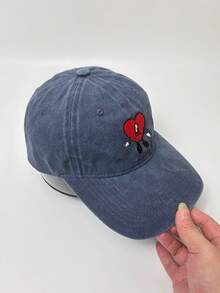 1 pieza Gorra de béisbol de denim vintage lavado con bordado de corazón, gorra snapback casual y versátil unisex - A - Ver 8
