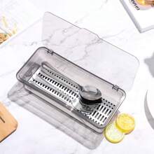 XZGB Flatware Tray With Lid And Drainer Plastic Cutlery Tray For Spoons Forks Knives Chopsticks Silverware Drawer Organizer Dustproof Kitchen Utensil Storage Container - màu đen - Xem 4