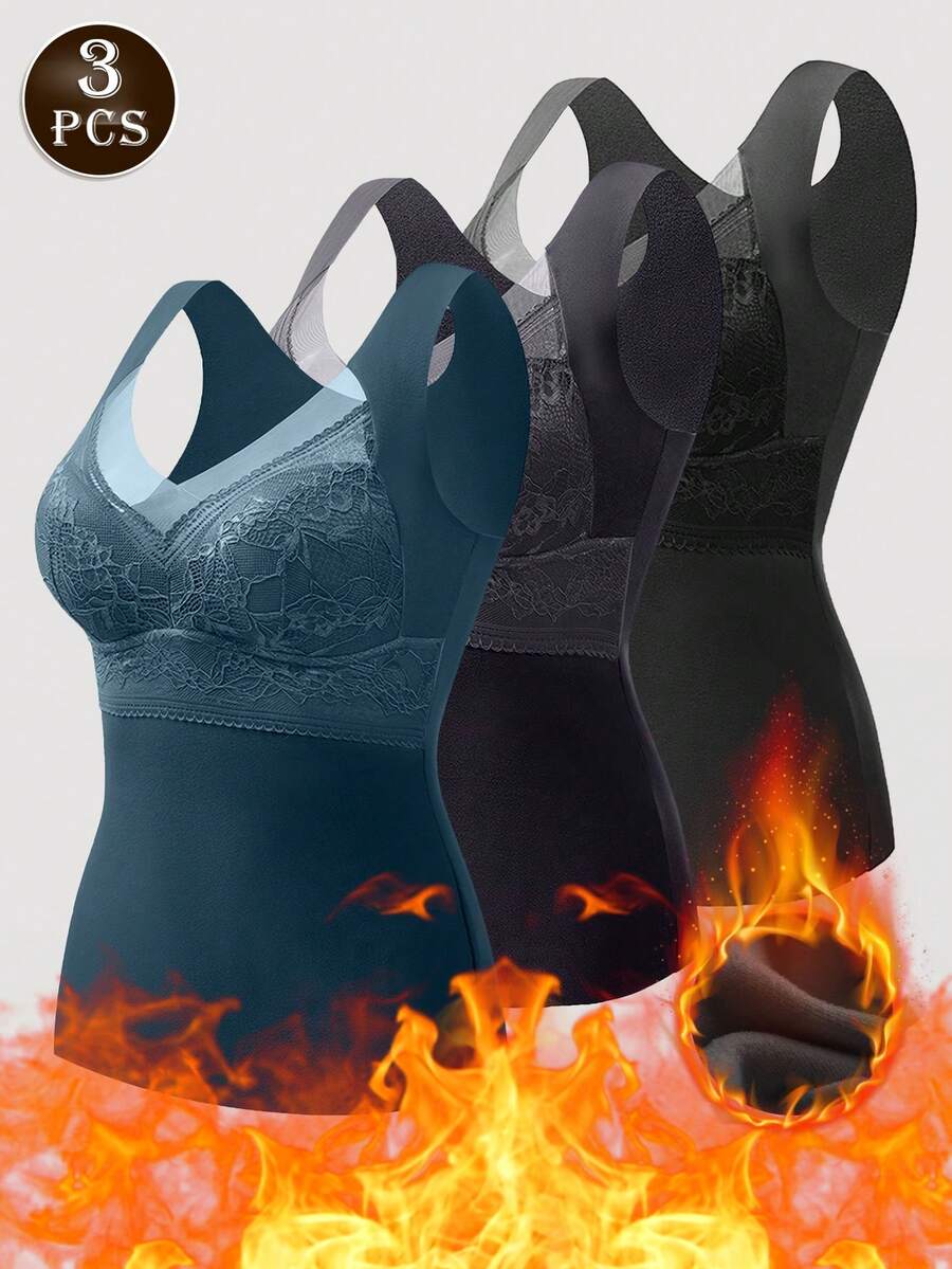 3pcs Women's Reversible Thermal Fleece Padded Camisole, Warm Underwear Vest For Autumn/Winter - Multicolor - View 1