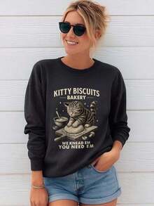 Long Sleeve Tops WomenSweatshirt For Women. Cute Kitty Biscuits Bakery T-Shirt, Fashion Cartoon Tee With Cat Kneading Dough Design, Classics Tee With Funny Words "WE KNEAD EM YOU NEED EM ", Ideal Tshirt For Cat LoversClothing For Autumn And Winter SeasonsLoose And Comfortablelong Sleeve Tops Women - 黑色 - 查看 5