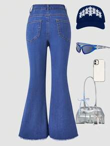 女童前口袋破洞裤脚牛仔裤，休闲Y2K复古喇叭弹力牛仔裤，适合日常穿着 - 藍色 - 查看 3