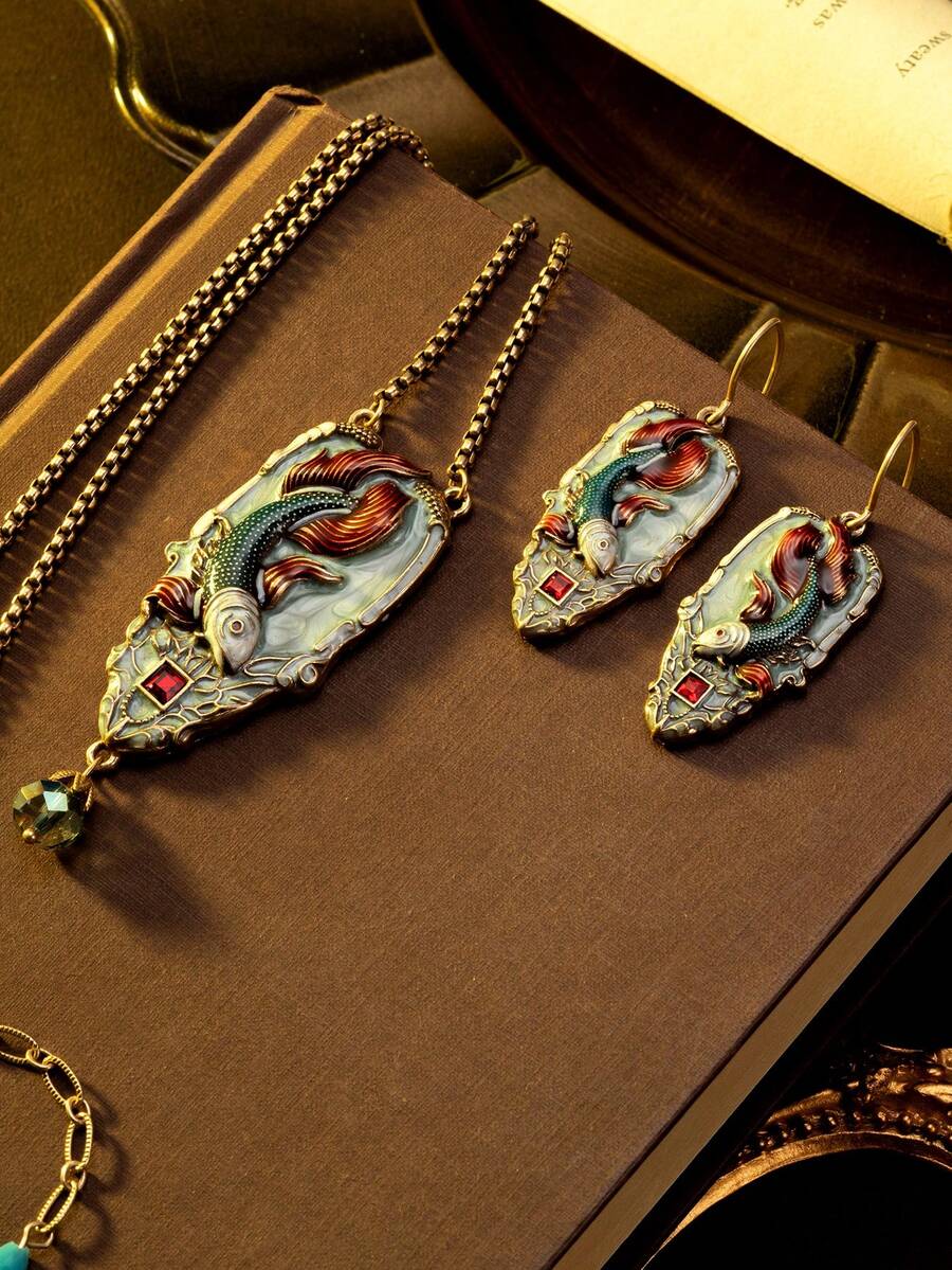 1 Set Women's Fashion Jewelry - 1 Pair Earrings & 1 Necklace, Koi Fish Enamel Copper Alloy Carved Design, Elegant Palace Style, Suitable For Banquet And Daily Wear
