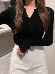 Solid Color Round Neck Slim Fit Casual Women Sweater, Autumn/Winter - Black - View 3