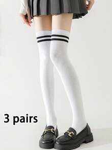 1/2/3双装女士针织过膝长袜，条纹紧身过膝长袜，保暖舒适，适合日常穿着、角色扮演、Y2K风格等场合。 - 白色 - 查看 11