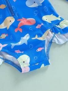 Toddler Little Girl Swimsuit Set Whale Fish Rash Guard Long Sleeve Zip-Up Bathing Suit With Hat 2 Piece Set - Blue - View 7