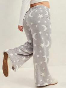 Quần ống rộng họa tiết sao và trăng bằng vải nỉ dày dặn cỡ lớn dành cho nữ mùa thu/đông, có dây rút, thích hợp làm áo khoác ngoài, đồ thể thao, trang phục thường ngày, quần dài mặc ở nhà - Xám - Xem 2