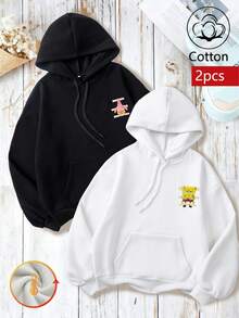 Women's & Men's Hooded Long-Sleeved Oversized Pocket Drawstring Autumn/Winter New Arrival Hoodie. SpongeBob SquarePants collaboration series featuring Patrick Star's relaxed, laid-back aesthetic. Oversized fort for universal fortaric. for photo shoots, home relaxation, daily activities, and more." - 黑色 +白色 - 查看 1