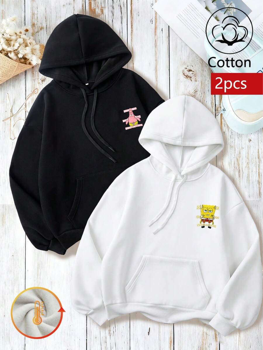 Women's & Men's Hooded Long-Sleeved Oversized Pocket Drawstring Autumn/Winter New Arrival Hoodie. SpongeBob SquarePants collaboration series featuring Patrick Star's relaxed, laid-back aesthetic. Oversized fort for universal fortaric. for photo shoots, home relaxation, daily activities, and more." - 黑色 +白色 - 查看 1
