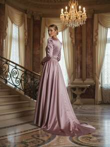 Lotus Pink Silk Taffeta Deep V-Neck Evening Gown, Vintage Palace Style Handmade Beaded Embroidery A-Line Maxi Dress - Dusty Pink - View 2
