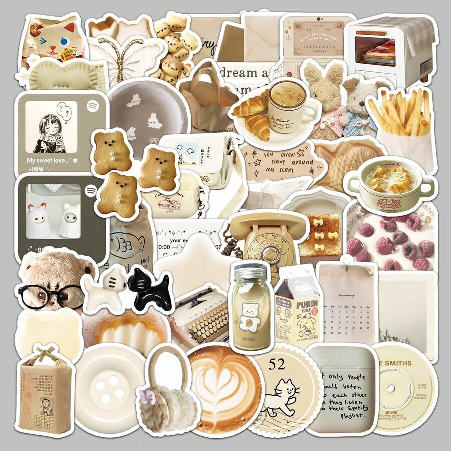 50pcs Oat Latte Series Stickers For Phone Case, Stationery, Notebook, Laptop, Skateboard, Water Bottle, DIY Decoration, Graffiti