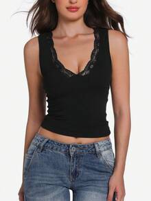 女士性感蕾丝V领Y2K时尚圣诞舒适休闲吊带背心，适合春季、夏季、日常通勤和度假穿着 - 黑色 - 查看 2