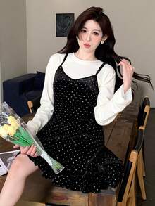 DAZY Camiseta sin mangas casual y dulce con volantes de dobladillo de contraste de lunares para mujer - Negro - Ver 3