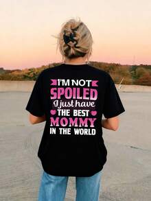 少女学生休闲印花深灰色圆领短袖T恤，夏季上衣 - 黑色 - 查看 8