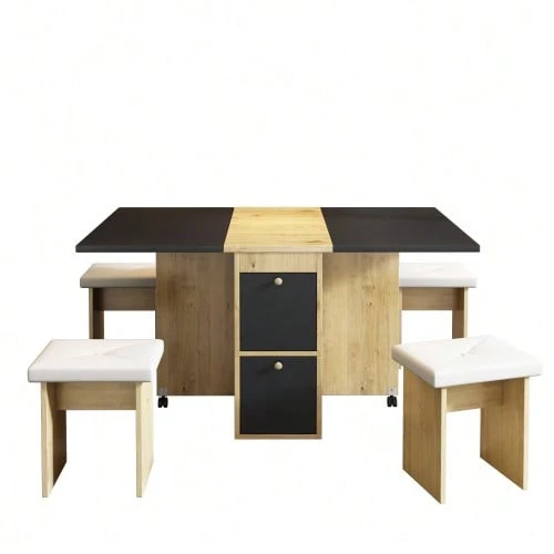 Dining Table And Chair Set (Table And 4 Chairs), Folding Table, 120 X 80 X 75 Cm, Multifunctional Extendable Table, Chairs, White, Oak And Black - Black - View 1