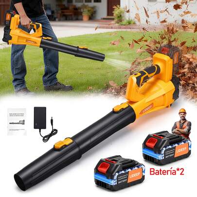 Soplador inalámbrico, amarillo Soplador premium con doble batería, velocidad del viento de 369 MPH, ajuste de 6 velocidades, potente eliminación de polvo y nieve