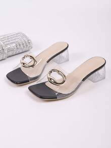 大码女士粗跟踝带坡跟凉鞋，白色透明珍珠装饰，舒适防滑，适合派对、海滩、居家和户外活动穿着。 - 黑色 - 查看 6