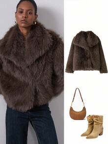 Women's Fashion Casual Faux Fur Collar Long Sleeve Coat - Coffee Brown - View 1