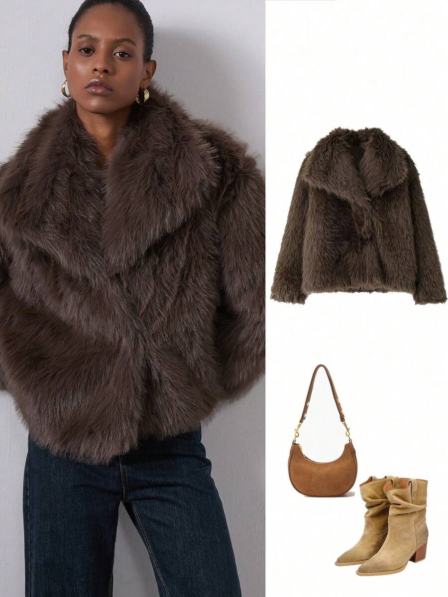 Women's Fashion Casual Faux Fur Collar Long Sleeve Coat - Coffee Brown - View 1
