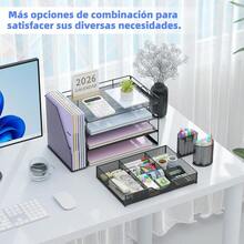 Organizador de Escritorio de 4 Niveles con Compartimentos Verticales, Cajones Deslizantes y Porta Lápices, Ideal para Organizar Documentos, Papeles y Suministros de Oficina en el Día a Día - Morado - Ver 3