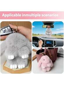 5.9英寸手工可爱兔毛毛绒钥匙扣，柔软兔毛绒球吊坠，萌趣兔毛钥匙扣，女士礼物