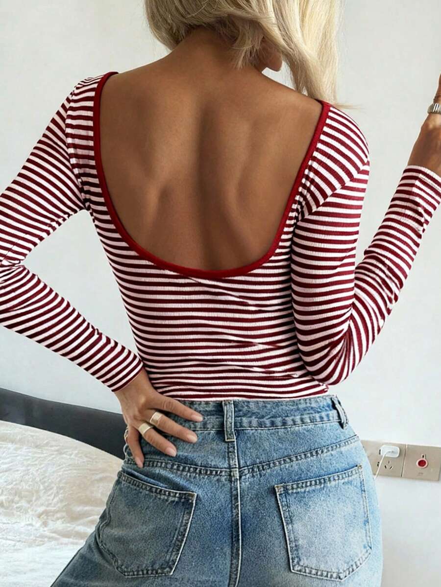 Vaiaye Women's Sexy Backless Striped Knit Long Sleeve Top, Backless Round Neck Casual T-Shirt, Suitable For Work Commute In Spring And Summer - Red - View 1