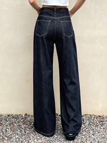 Livesso 女式高腰口袋阔腿宽松休闲百搭牛仔裤 - 藍色 - 查看 3