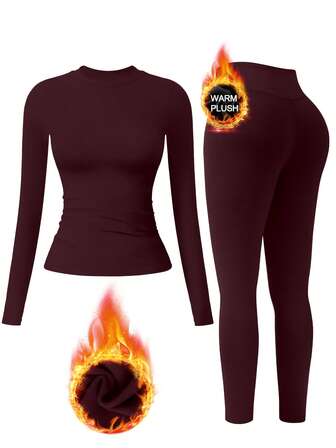 1 Set Women Stretchy Tight Thermal Lined Long Sleeve Top And Pants Activewear Set