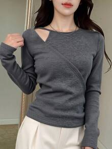 DAZY Women's Casual Crossover Crew Neck Sweater - Black - View 7