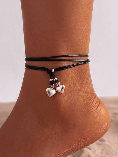 1件简约金属心形吊坠黑色皮革蜡线脚链男女通用夏季沙滩凉鞋脚饰