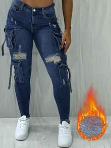 Denim de Brim Forrado com Forro Quente Estilo Y2K - Design Curto de Streetwear com Múltiplos Bolsos com Abas