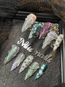 10件套尖头美甲贴片，银绿紫扎染，手绘点状、水滴状及几何图案，3D立体钢珠美甲配件，Y2K风格可穿戴美甲套装，适合女性日常佩戴及派对场合（内含：一块果冻胶和一条摩擦条）美甲用品 - 銀色 - 查看 3