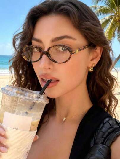 1 pieza Gafas de moda ovaladas retro para mujer, adecuadas para pasarela, fiesta en la playa, vacaciones de verano, estilo callejero, al aire libre, viajes, con montura ovalada hueca de estilo bohemio, adecuadas para voz, playa, vuelta al colegio, estilo universitario