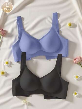 2件装简约舒适女士运动文胸，无钢圈，纯色