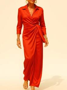 Elegant Lapel Wrap Front Maxi Dress - Đỏ - Xem 4