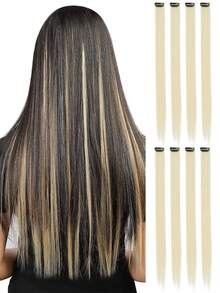 8片彩色夹式接发，20英寸直发合成假发，夹式假发片，适用于万圣节装扮、圣诞节、派对、音乐节、新年礼物，女士（米色） - 米色 - 查看 12