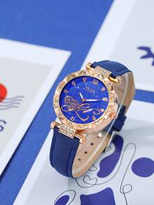 一套时尚清新的贝壳镂空吊坠项链、耳环和戒指首饰套装，搭配一块心形表盘、水晶镶嵌表壳的女士石英手表，适合日常佩戴、生日礼物、派对、节日聚会等场合，是送给自己或朋友的理想礼物。不含礼盒。