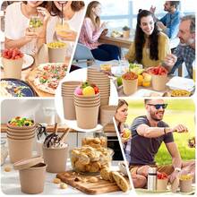 25 piezas de 16 onzas Recipientes de papel para alimentos con tapas ventiladas para llevar, tazones desechables para sopa caliente, tazas desechables para helado, tazones desechables de kraft - Marrón - Ver 7