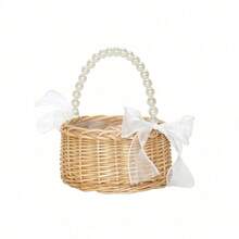 一套柳条花童篮和头饰，手工编织柳条篮，配珍珠手柄和蝴蝶结，仙女花篮，婚礼花童珍珠头饰，适合婴儿派对 - 彩色 - 查看 12