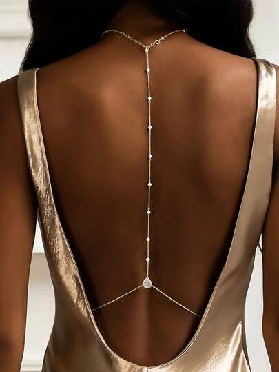 1件装女士奢华背部身体链 - 金色Y形链，饰以仿珍珠和闪亮水晶，完美搭配露背连衣裙、吊带衫和高端派对装束 - 适合派对、度假、婚礼、约会和时尚拍摄