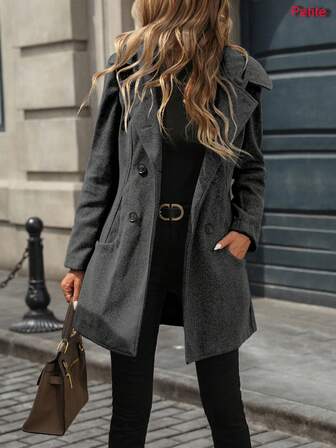 Petite Women's Wool Blend Solid Color Hooded Double-Breasted Straight Midi Business Casual Office Jacket, Autumn/Winter