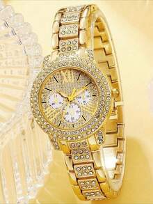 2 件套奢华女士套装：金色石英表搭配水晶链和经典嘻哈手链，时尚迷人，是送给女性的理想礼物 - 金色 - 查看 2