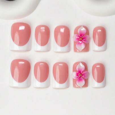 10pcs/Set Handmade Square Nail Tips, Y2K Baddie Style, Nude & White Color With French Tips & Floral Design, Suitable For Women & Girls, Includes Tools, Great Gift For Parties, Weddings, Daily Wear Nails Nail Supplies Handmade Press On Nails