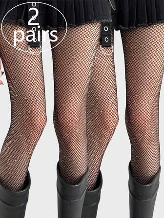 2pcs Plus Size Women's Rhinestone Embellished Black Fishnet Leggings, Stretchy Tight Mesh Pants, Shiny Clubwear